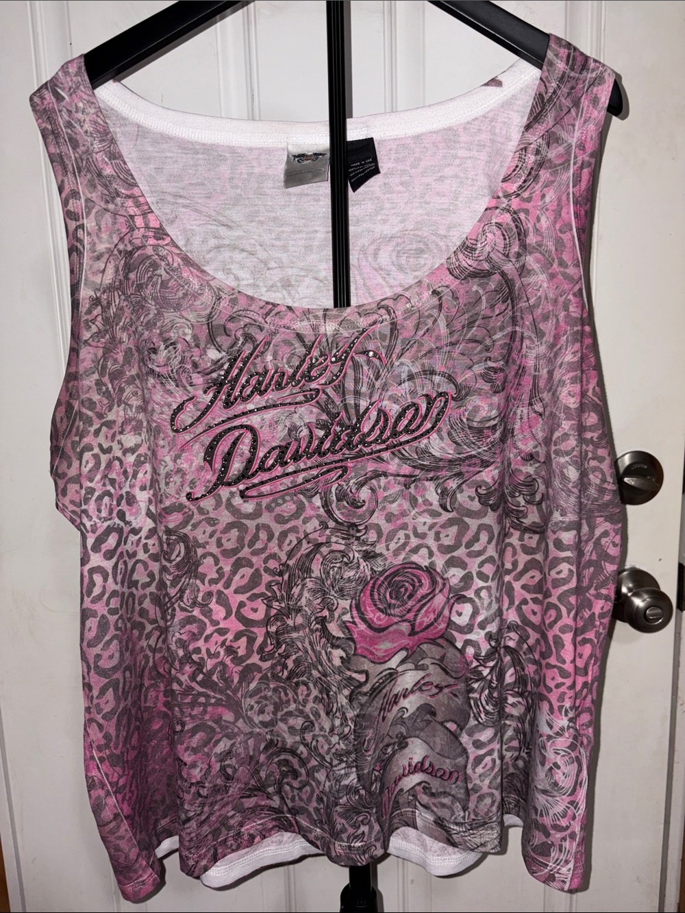 Harley Davidson All Over Print Cheetah Rhinestone Roses